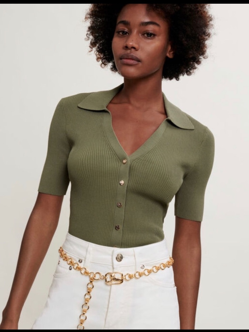 Maje Olive Green Ribbed Polo Button-Up Top